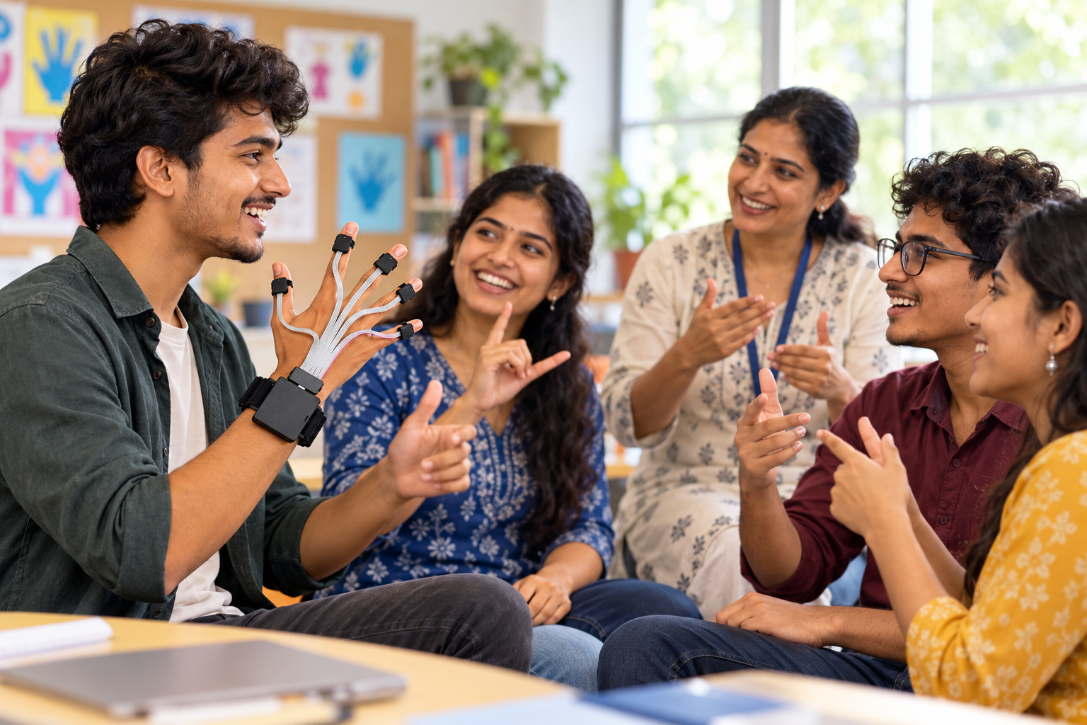 A Gestalk wearer communicating with deaf community members in a learning space