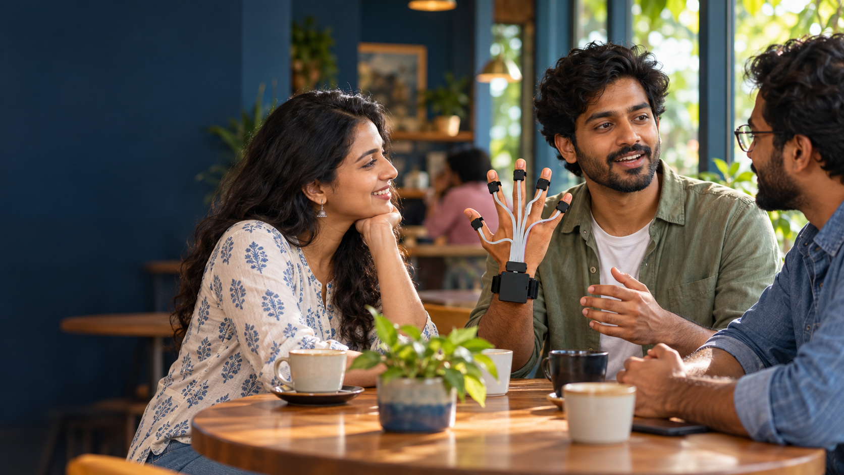 A person wearing the Gestalk smart glove and sharing a relaxed conversation with two friends